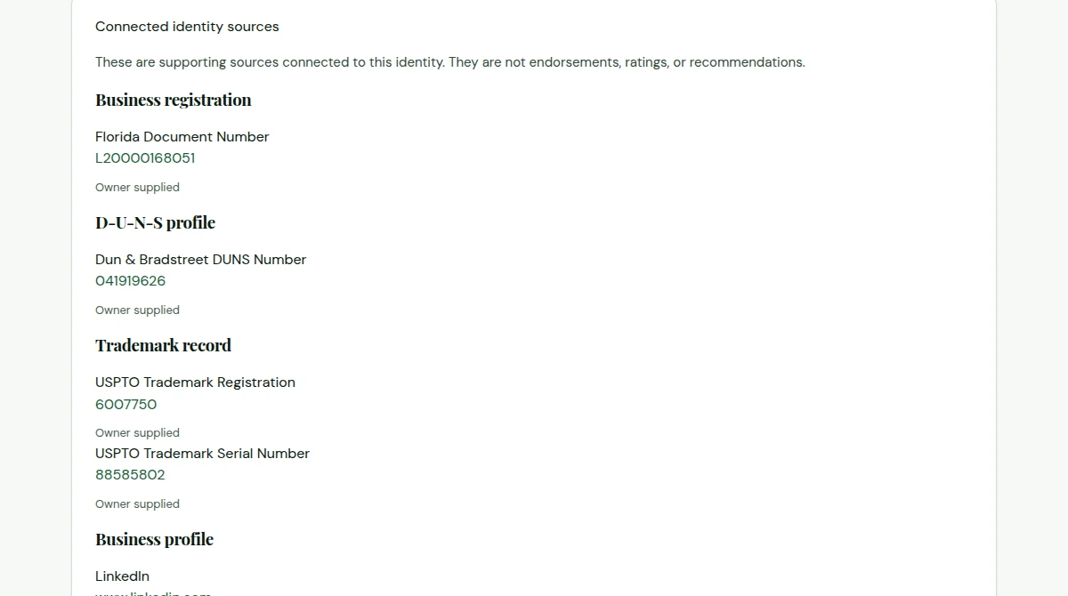 Connected identity sources shown on LinkDaddy’s public AI Verified record