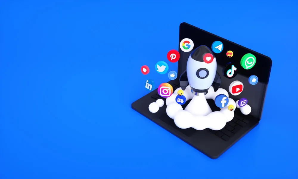 a laptop with different 3d ai social media icons 