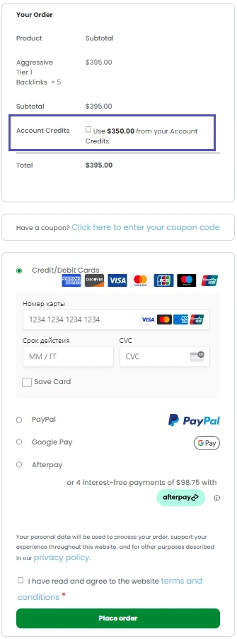 partial payment with account credits