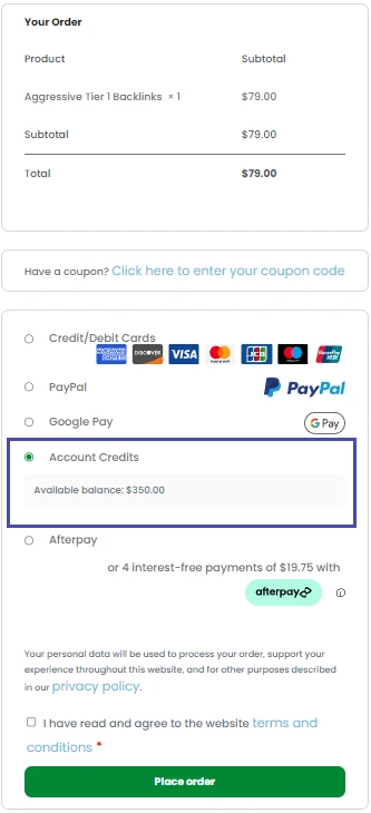 payment with account credits