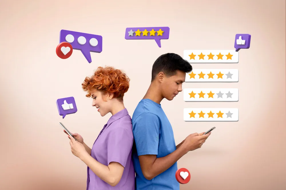 Two people reading and leaving a review to help determine customer trust
