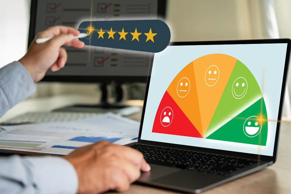 A professional checking the business's online reputation management and customer reviews