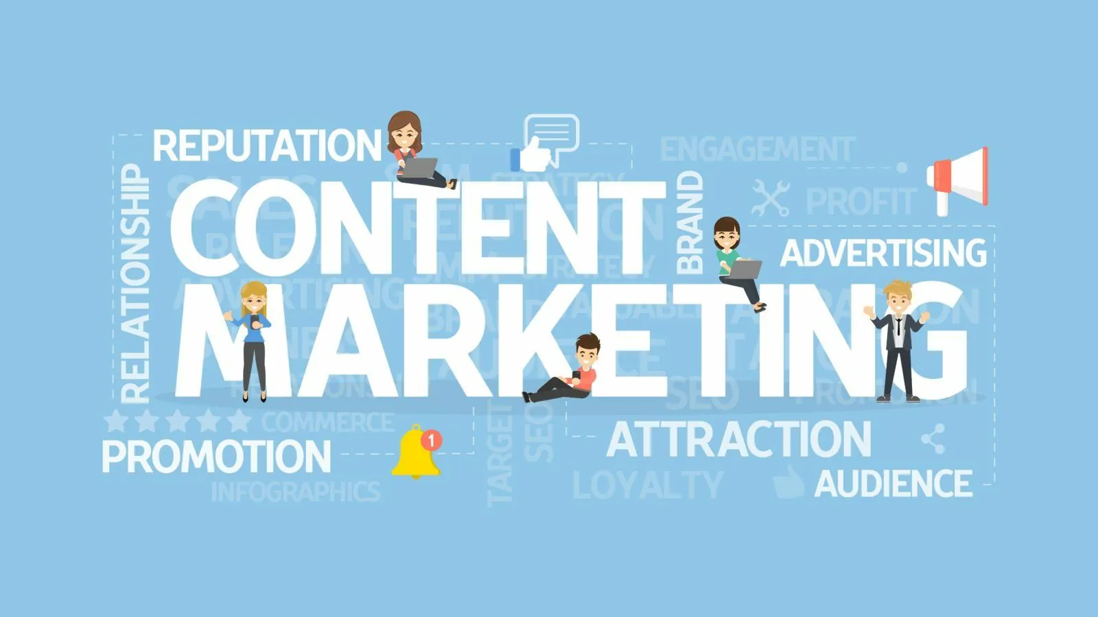 content marketing vector with different types of marketing ideas and marketers