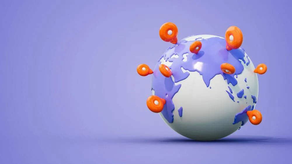 A globe and location pings symbolizing International SEO